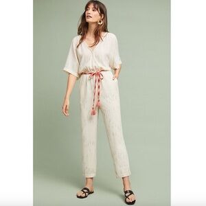 Feather Bone By Anthropologie White Metallic Belted Boho Jumpsuit Size Small